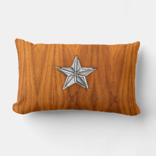 Chrome Like Nautical Star on Teak Veneer Lumbar Cushion