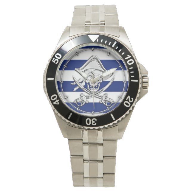 Chrome Like Pirate on Navy Stripes Watch (Front)