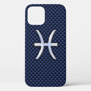 Chrome Like Pisces Sign on Blue Carbon Fibre Print iPhone 12 Case