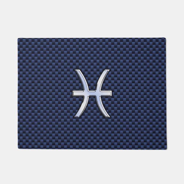 Chrome Like Pisces Sign on Blue Carbon Fibre Print Doormat (Front)