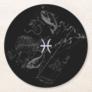 Chrome like Pisces Zodiac Sign on Black Hevelius Round Paper Coaster