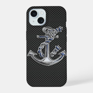 Chrome Like Rope Anchor Blue on Carbon Fibre iPhone 15 Case