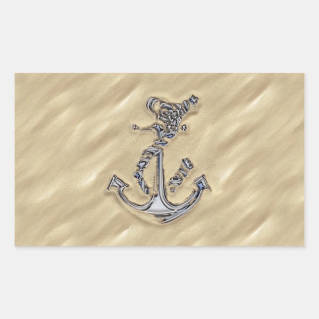 Chrome Like Rope Anchor in the Sand Rectangular Sticker (Front)