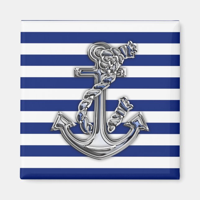 Chrome Like Rope Anchor on Nautical Stripes Magnet (Front)