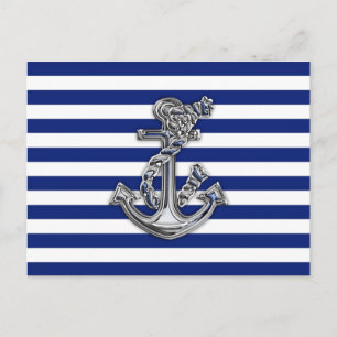 Chrome Like Rope Anchor on Nautical Stripes Postcard