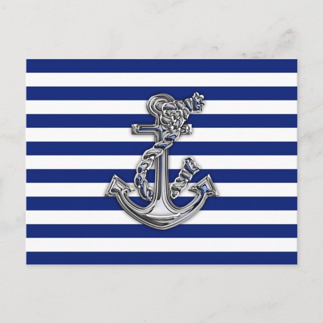 Chrome Like Rope Anchor on Nautical Stripes Postcard (Front)
