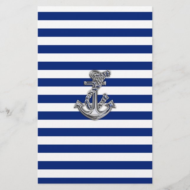 Chrome Like Rope Anchor on Nautical Stripes Stationery (Front)