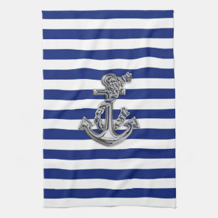 Chrome Like Rope Anchor on Nautical Stripes Tea Towel