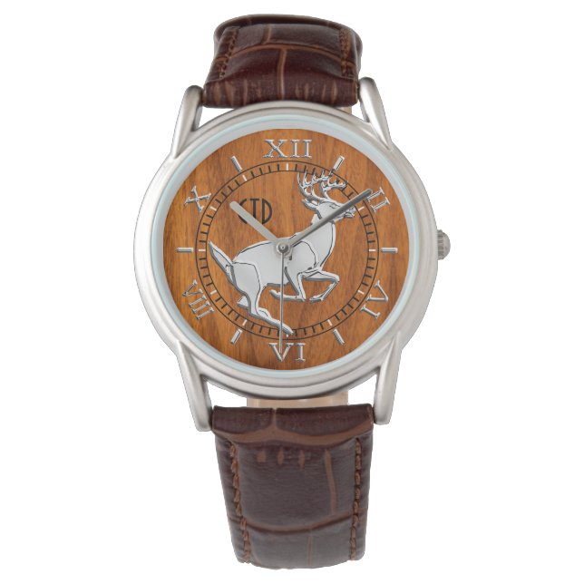 Chrome Like Running Deer Fine Teak Print Monogram Watch (Front)