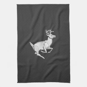 Chrome Like Running Deer on Carbon Fiber Print Tea Towel