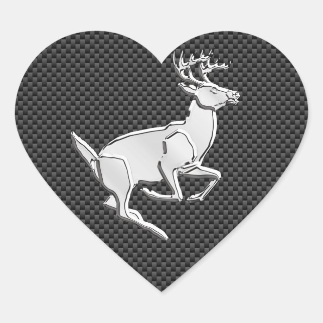 Chrome Like Running Deer on Carbon Fibre Print Heart Sticker (Front)