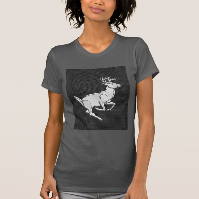 Chrome Like Running Deer on Carbon Fibre Print T-Shirt (Front)
