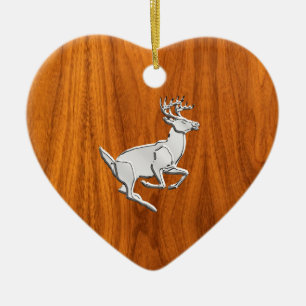 Chrome Like Running Deer on Fine Teak Print Ceramic Tree Decoration