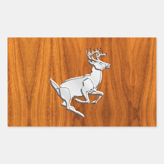 Chrome Like Running Deer on Fine Teak Print Rectangular Sticker (Front)