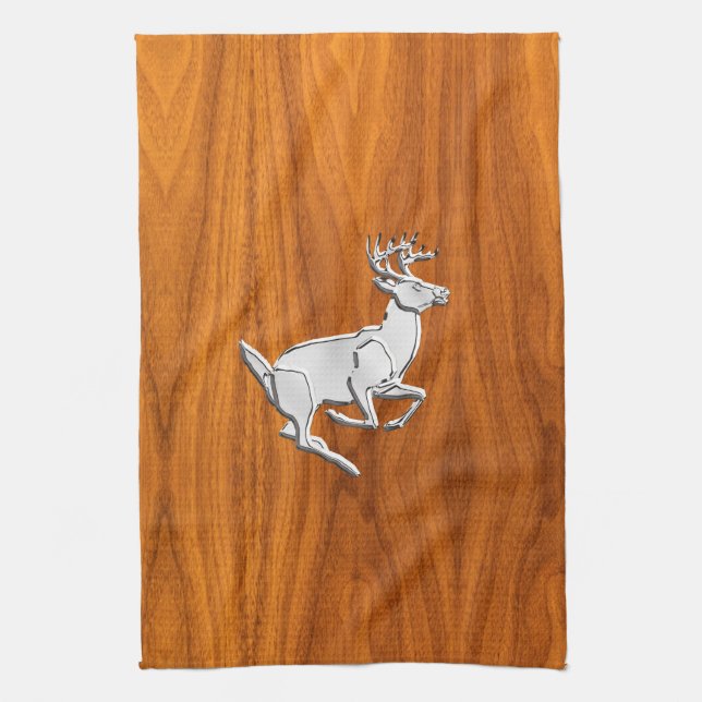 Chrome Like Running Deer on Fine Teak Print Tea Towel (Vertical)