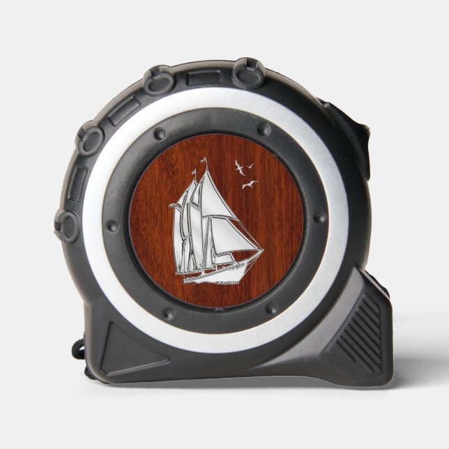 Chrome Like Sail Boat on Nautical Mahogany Print 1 (Front)