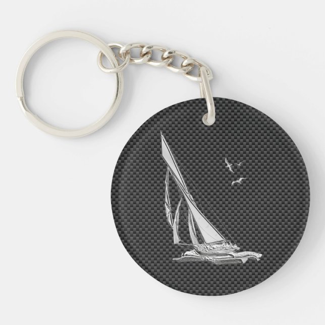 Chrome Like Sailboat on Carbon Fibre Key Ring (Front)