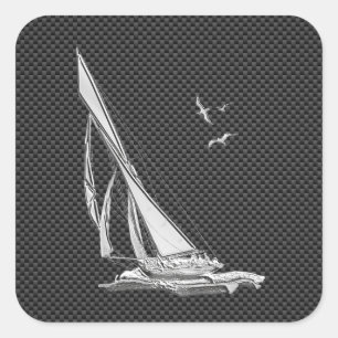Chrome Like Sailboat on Carbon Fibre Square Sticker