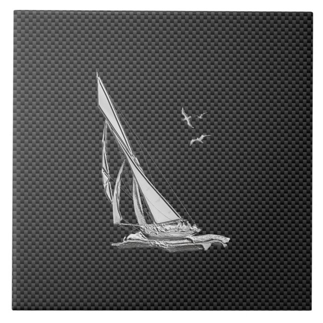 Chrome Like Sailboat on Carbon Fibre Tile (Front)