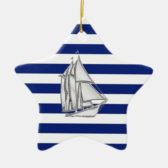 Chrome Like Sailboat on Nautical Stripes Ceramic Tree Decoration (Front)
