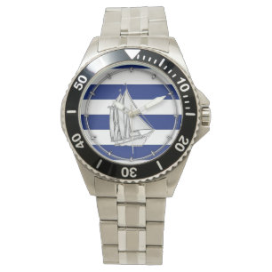 Chrome Like Sailboat on Nautical Stripes Watch
