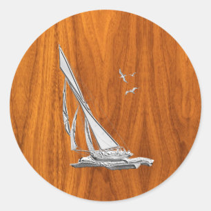Chrome Like Sailboat on Teak Veneer Classic Round Sticker