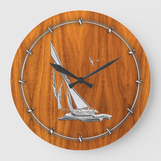 Chrome Like Sailboat on Teak Veneer Large Clock (Front)
