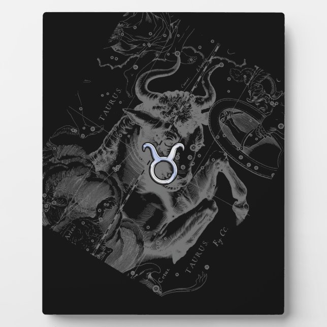 Chrome like Taurus Zodiac on Hevelius Black Plaque (Front)