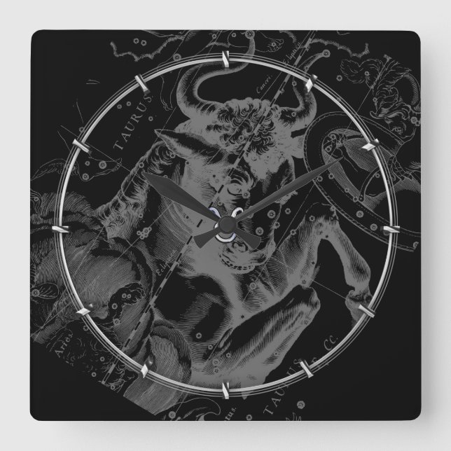 Chrome like Taurus Zodiac on Hevelius Black Square Wall Clock (Front)