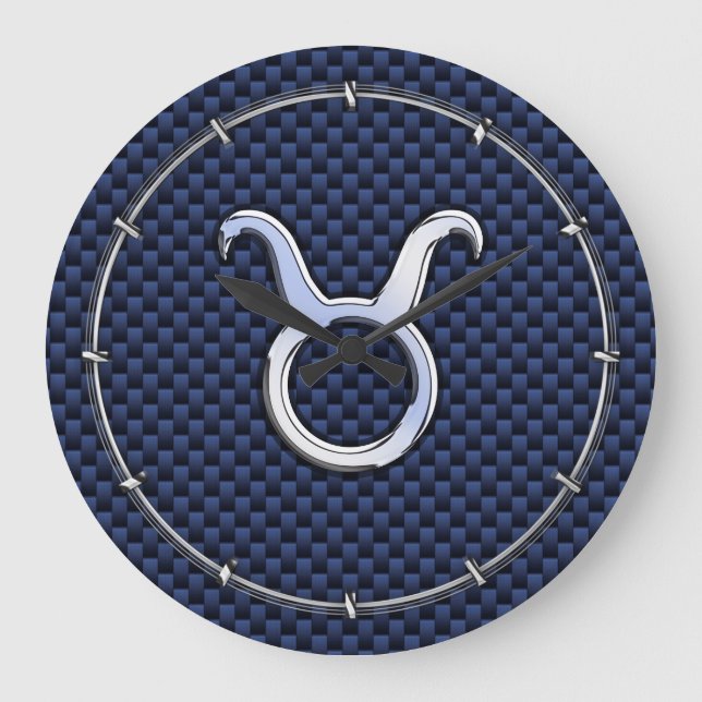 Chrome Like Taurus Zodiac Sign Blue Carbon Print Large Clock (Front)