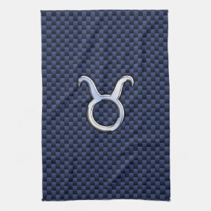 Chrome Like Taurus Zodiac Sign Blue Carbon Print Tea Towel