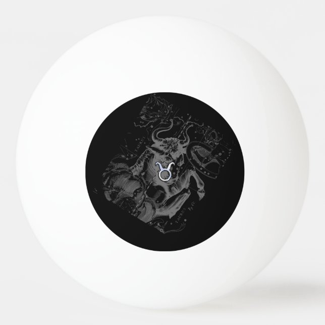 Chrome like Taurus Zodiac Sign on Hevelius Black Ping Pong Ball (Front)