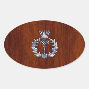 Chrome Like Thistle on Mahogany Wood Style Oval Sticker