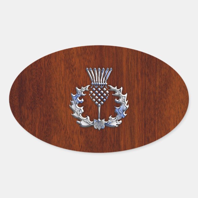 Chrome Like Thistle on Mahogany Wood Style Oval Sticker (Front)