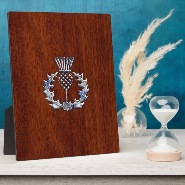 Chrome Like Thistle on Mahogany Wood Style Plaque (Side)