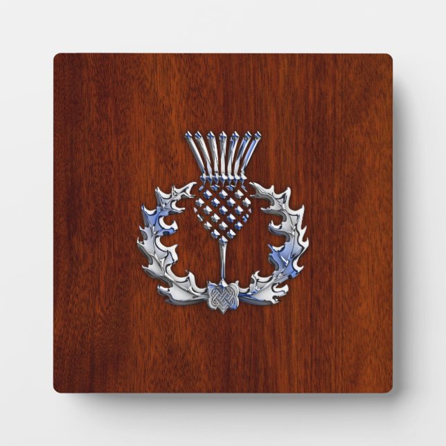 Chrome Like Thistle on Mahogany Wood Style Plaque (Front)