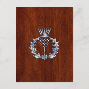 Chrome Like Thistle on Mahogany Wood Style Postcard