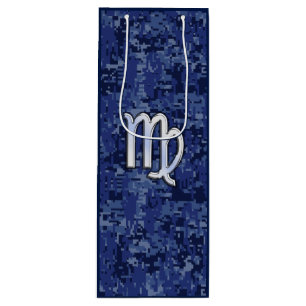 Chrome Like Virgo Zodiac Sign on Blue Digital Camo Wine Gift Bag