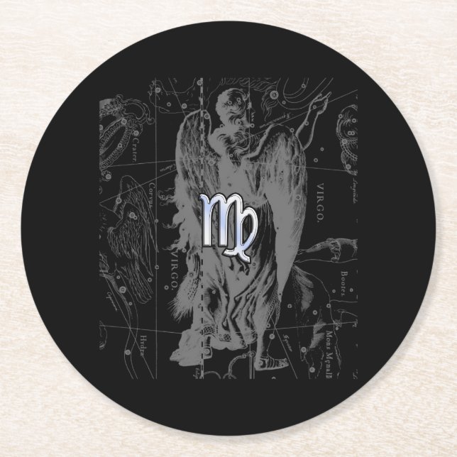 Chrome like Virgo Zodiac Sign on Hevelius in Black Round Paper Coaster (Front)