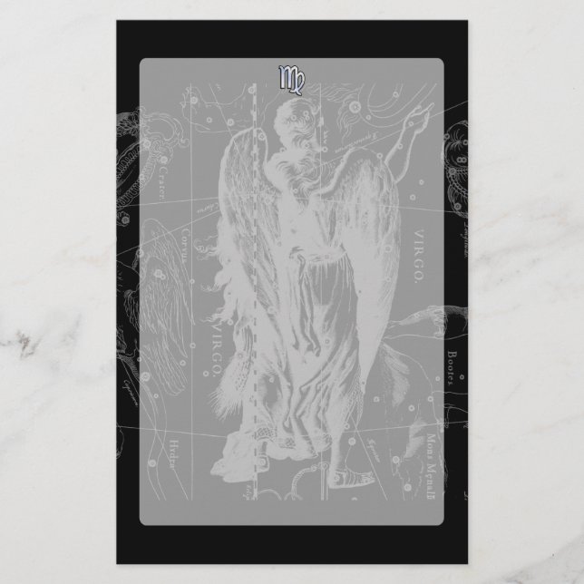 Chrome like Virgo Zodiac Sign on Hevelius in Black Stationery (Front)
