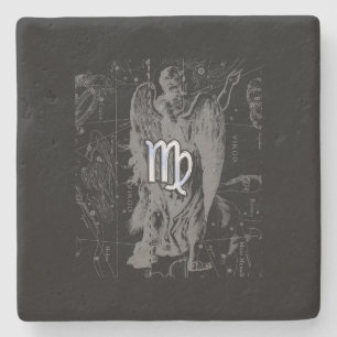 Chrome like Virgo Zodiac Sign on Hevelius in Black Stone Coaster