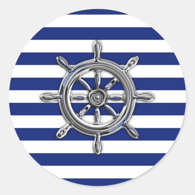 Chrome Like Wheel on Nautical Stripes Classic Round Sticker (Front)