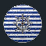 Chrome Like Wheel on Nautical Stripes Dartboard<br><div class="desc">A silver chrome like wheel design on a navy blue stripes decor. A modern nautical gift. 
 

Use the "Ask this Designer" link to contact us with your special design requests or for some assistance with any of your customisation needs.</div>