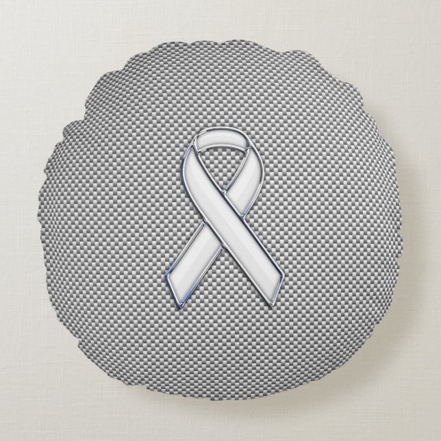 Chrome Like White Ribbon Awareness Carbon Fiber Round Cushion (Front)