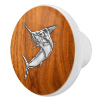 Chrome Marlin Fish on Teak Wood Grain Print