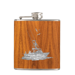 Chrome Marlin Fishing Boat on Teak Print Hip Flask