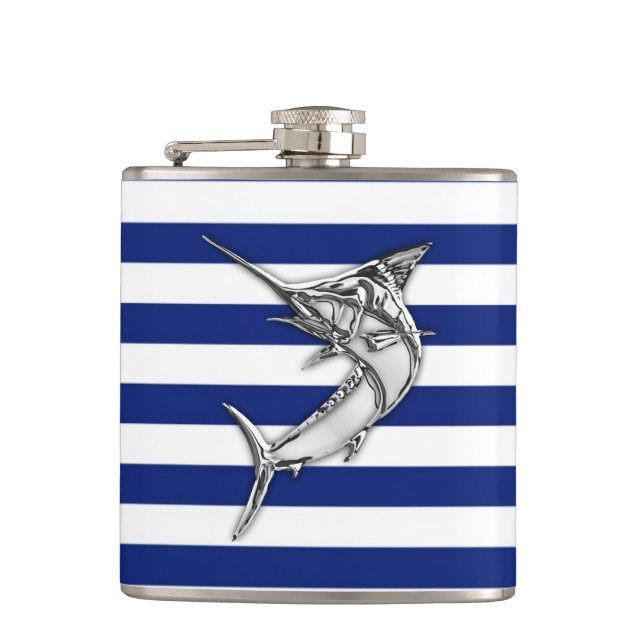 Chrome Marlin on Navy Stripes Hip Flask (Front)