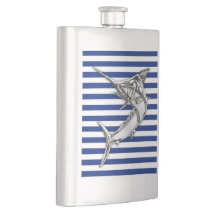 Chrome Marlin on Navy Stripes Print Hip Flask
