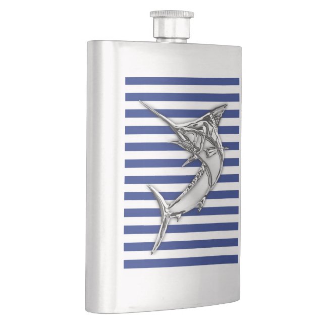 Chrome Marlin on Navy Stripes Print Hip Flask (Right)