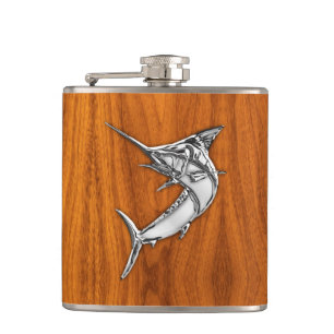 Chrome Marlin on Teak Print Hip Flask